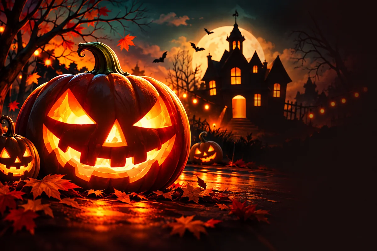 Illustration of a glowing jack-o'-lantern in front of a haunted house at night